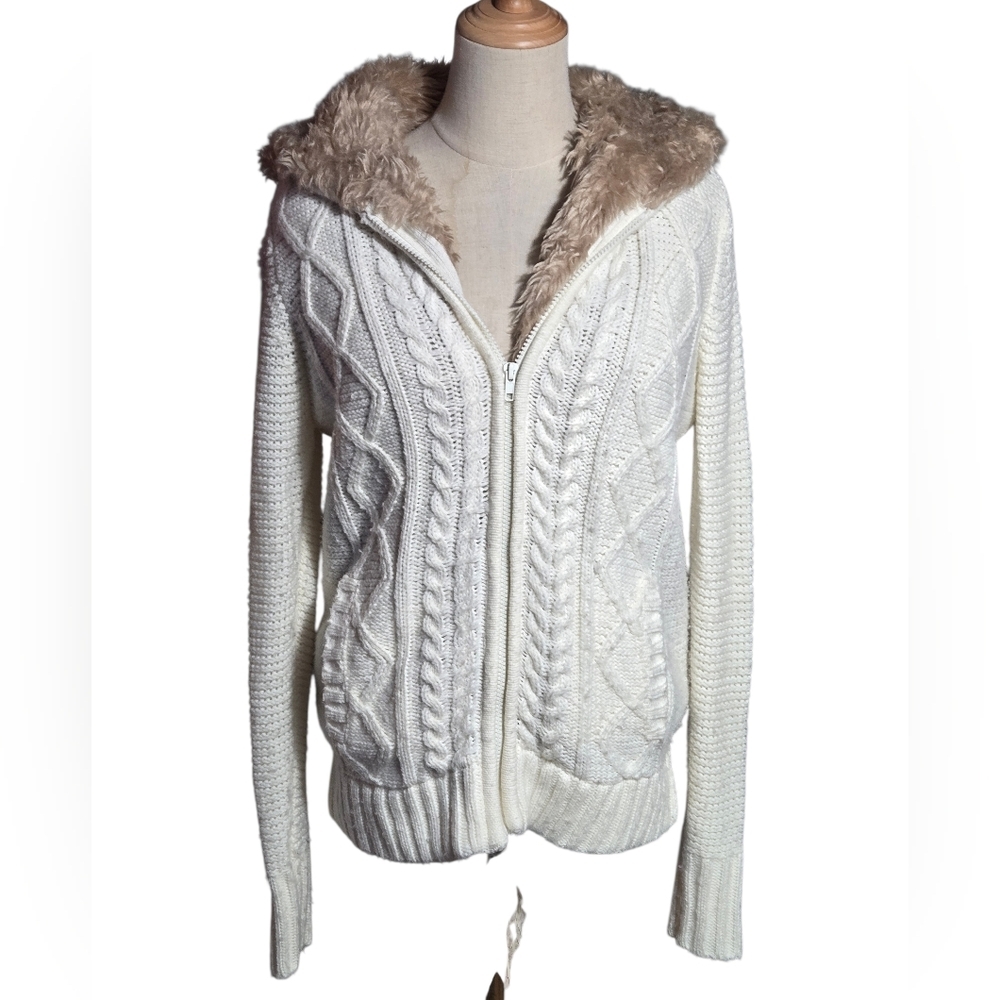 Faded Glory Vintage Y2K White Cable Knit Faux Fur Lined Hooded Zip Up Sweater